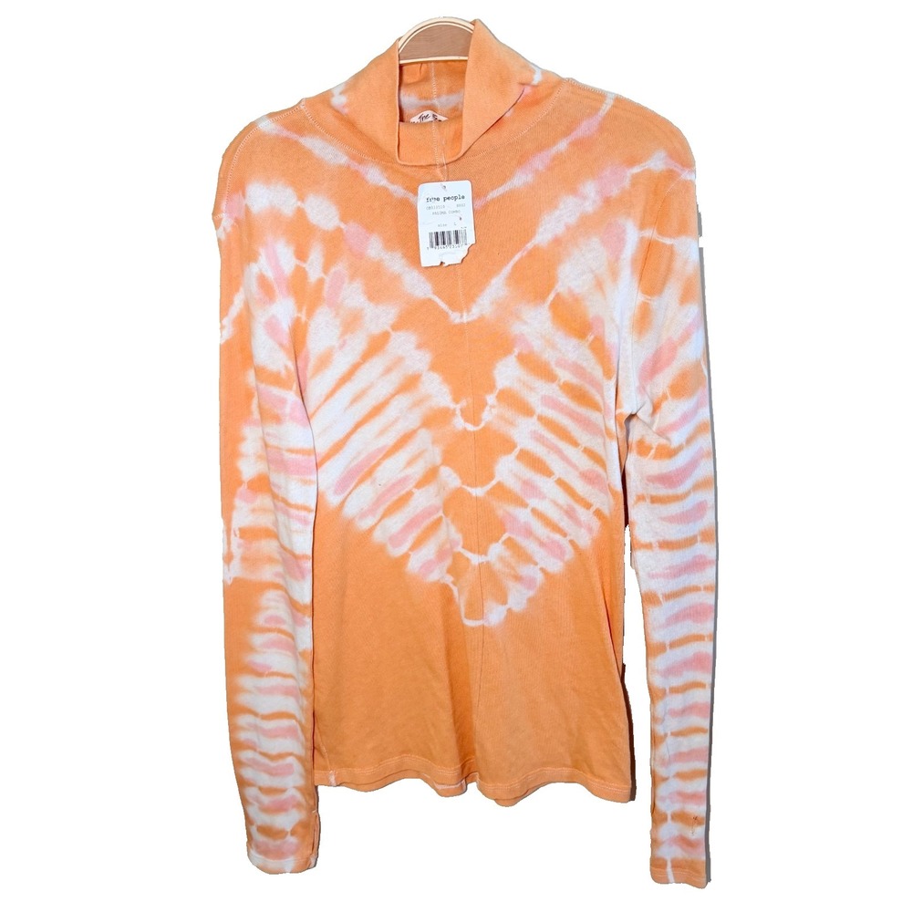 We The Free Shirt Womens Large Orange Tie Dye‎ Mock Neck Long Sleeve Boho New